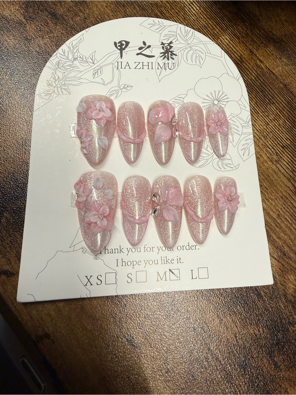 3D Pink Glitter Floral Press-On Nails - Medium